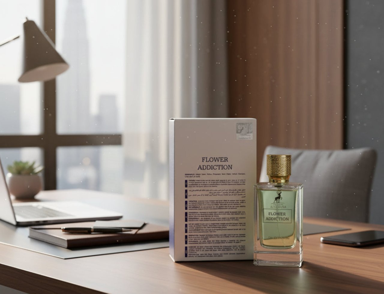 Maison Alhambra Flower Addiction by Maison Alhambra for Him 100ml — Botol minyak wangi berpenutup emas dan kotak putih di atas meja kayu, laptop dan pokok di latar belakang