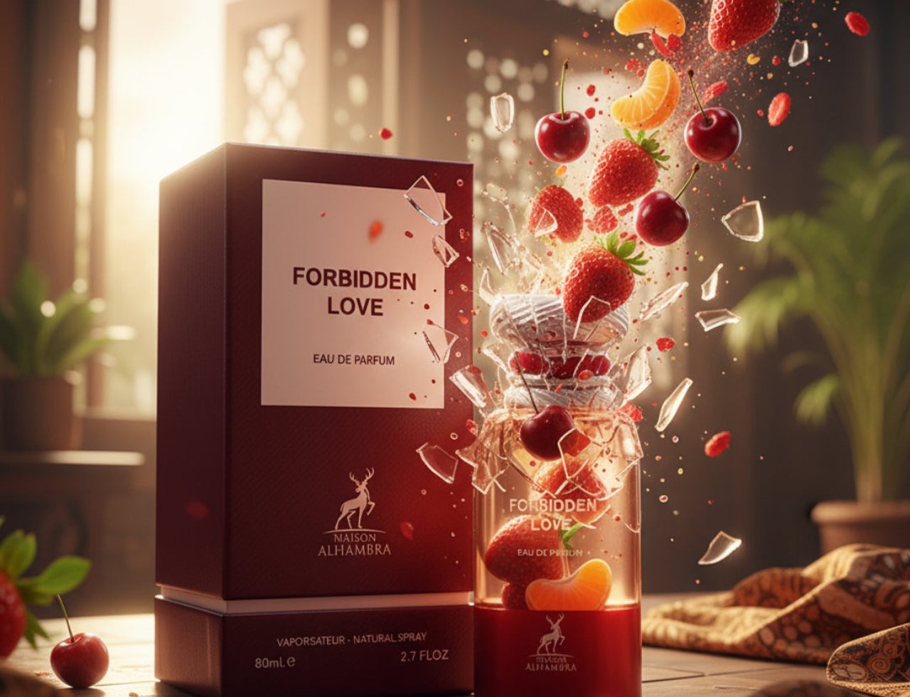 Maison Alhambra Forbidden Love by Maison Alhambra 80ml EDP Women — A red perfume box and a glass bottle exploding with strawberries, cherries, and orange slices, with shattered glass fragments.