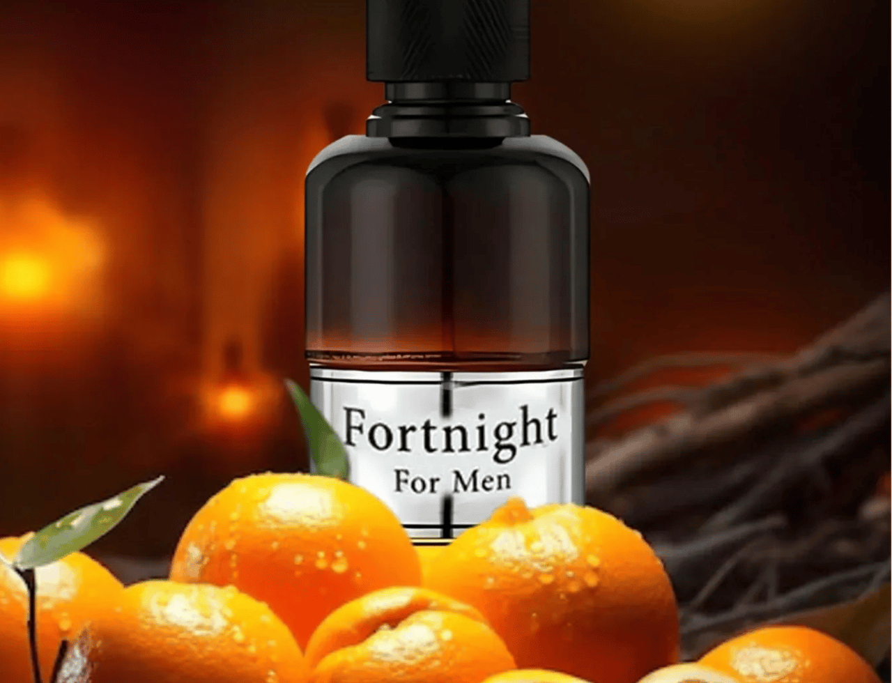 Maison Alhambra Fortnight by Maison Alhambra 100ml EDP Men — A dark glass perfume bottle with a black cap, labeled 'Fortnight For Men', surrounded by fresh, dewy oranges and leaves against a warm, blurred background.