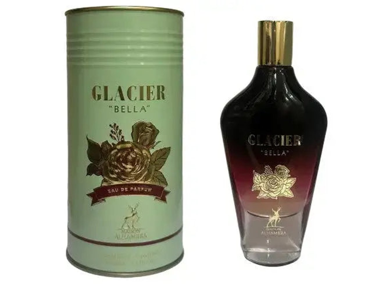 Maison Alhambra Glacier Bella EDP 100ml Wangian Wanita — Kotak silinder hijau dengan tulisan emas dan grafik bunga ros terletak bersebelahan botol minyak wangi kaca berwarna gelap ke merah jambu dan penutup emas.