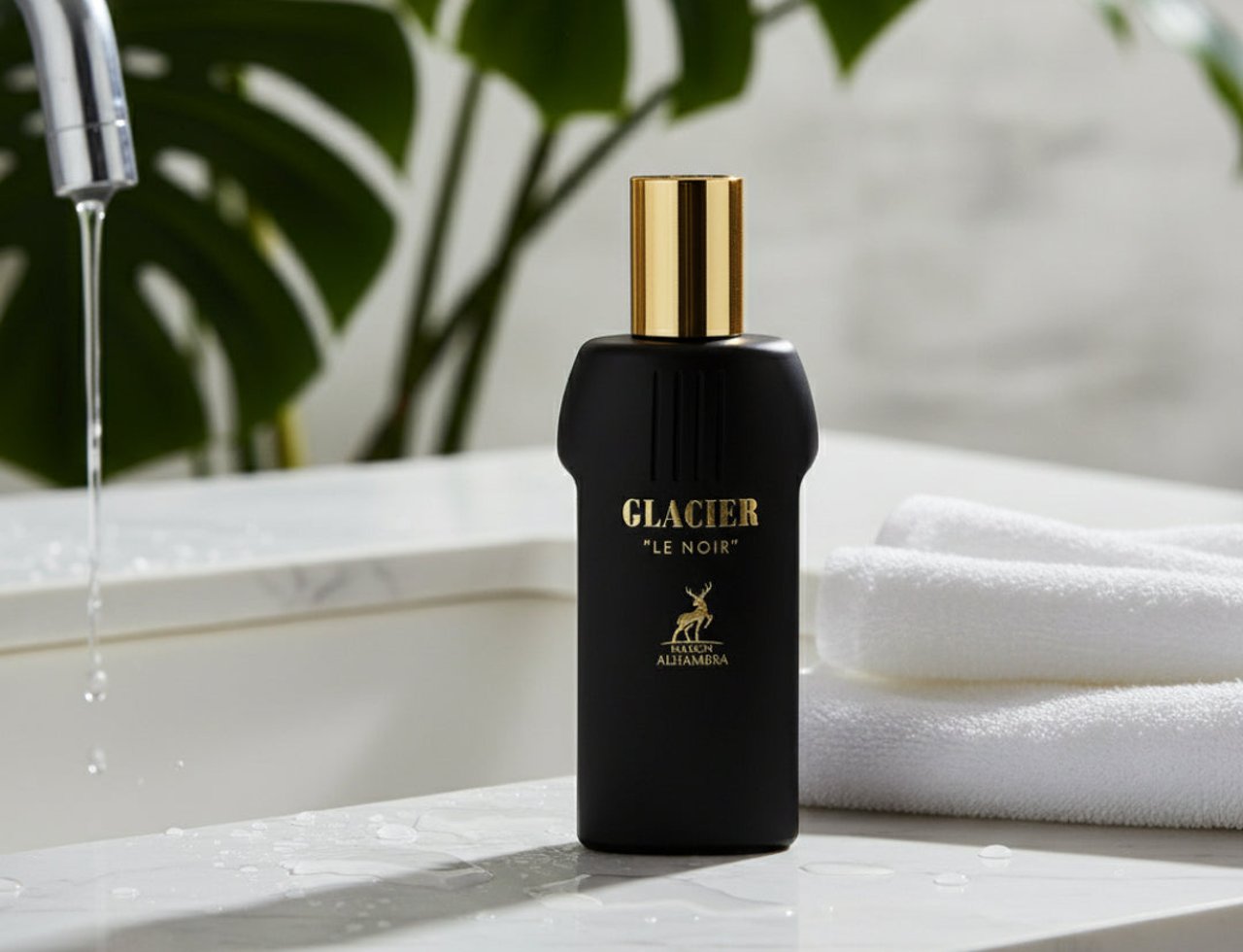Maison Alhambra Glacier Le Noir — Black perfume bottle with gold cap, set on a marble countertop with running water from a faucet and folded white towels.