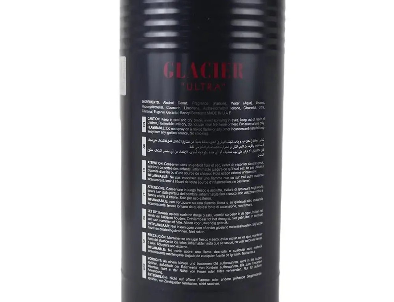 Maison Alhambra Glacier Ultra Man By Maison Alhambra Perfume EDP 100ml — Tin silinder logam hitam dengan label teks merah dan putih, menunjukkan bahan produk dan amaran keselamatan dalam pelbagai bahasa.
