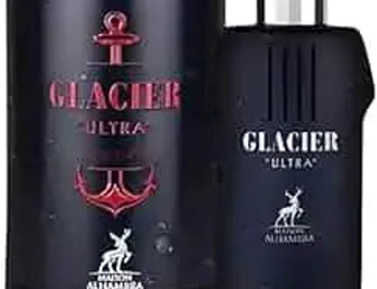 Maison Alhambra Glacier Ultra Man By Maison Alhambra Perfume EDP 100ml — Dark blue cylindrical tin with anchor and anchor chain motifs, and a matching dark blue perfume bottle with silver cap and white label.