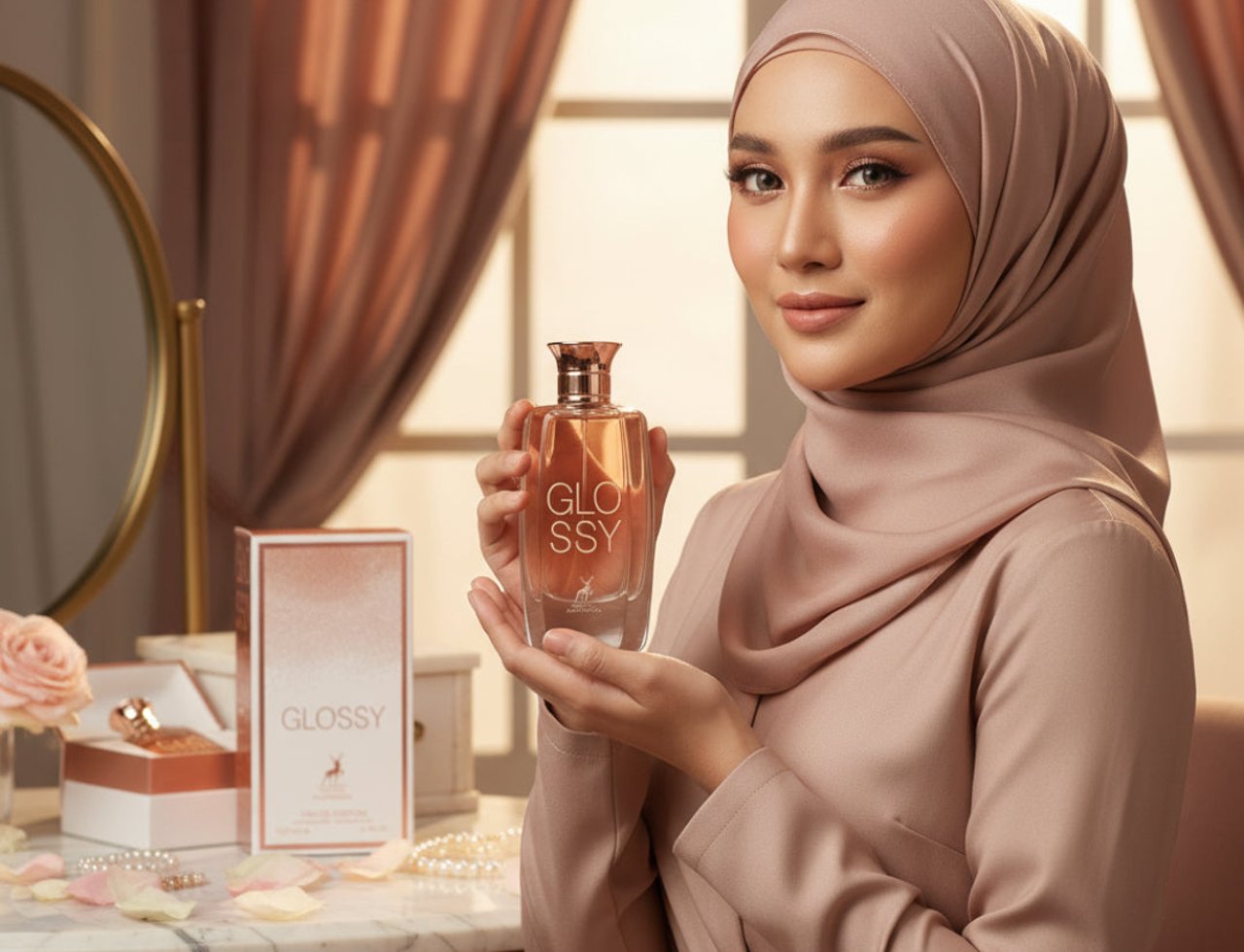 Maison Alhambra Glossy By Maison Alhambra 100ml Women EDP — Wanita bertudung pegang botol minyak wangi jernih bertutup emas ros, kotak dan kelopak mawar di meja solek