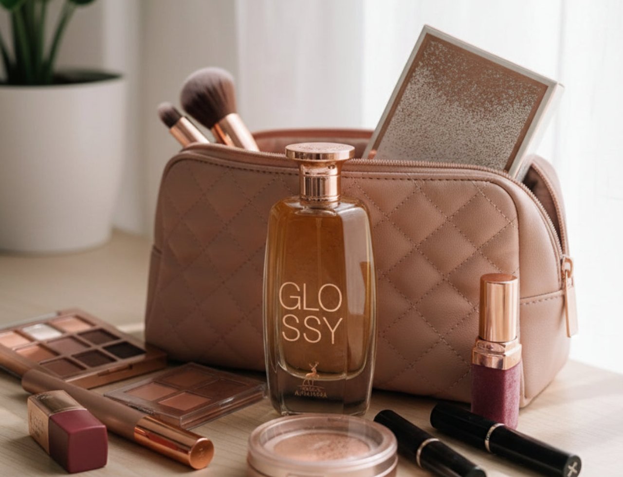 Maison Alhambra Glossy By Maison Alhambra 100ml Women EDP — A quilted pink makeup bag with makeup brushes, a bottle of Glossy perfume, eyeshadow palettes, lipstick, and a compact powder on a wooden surface.