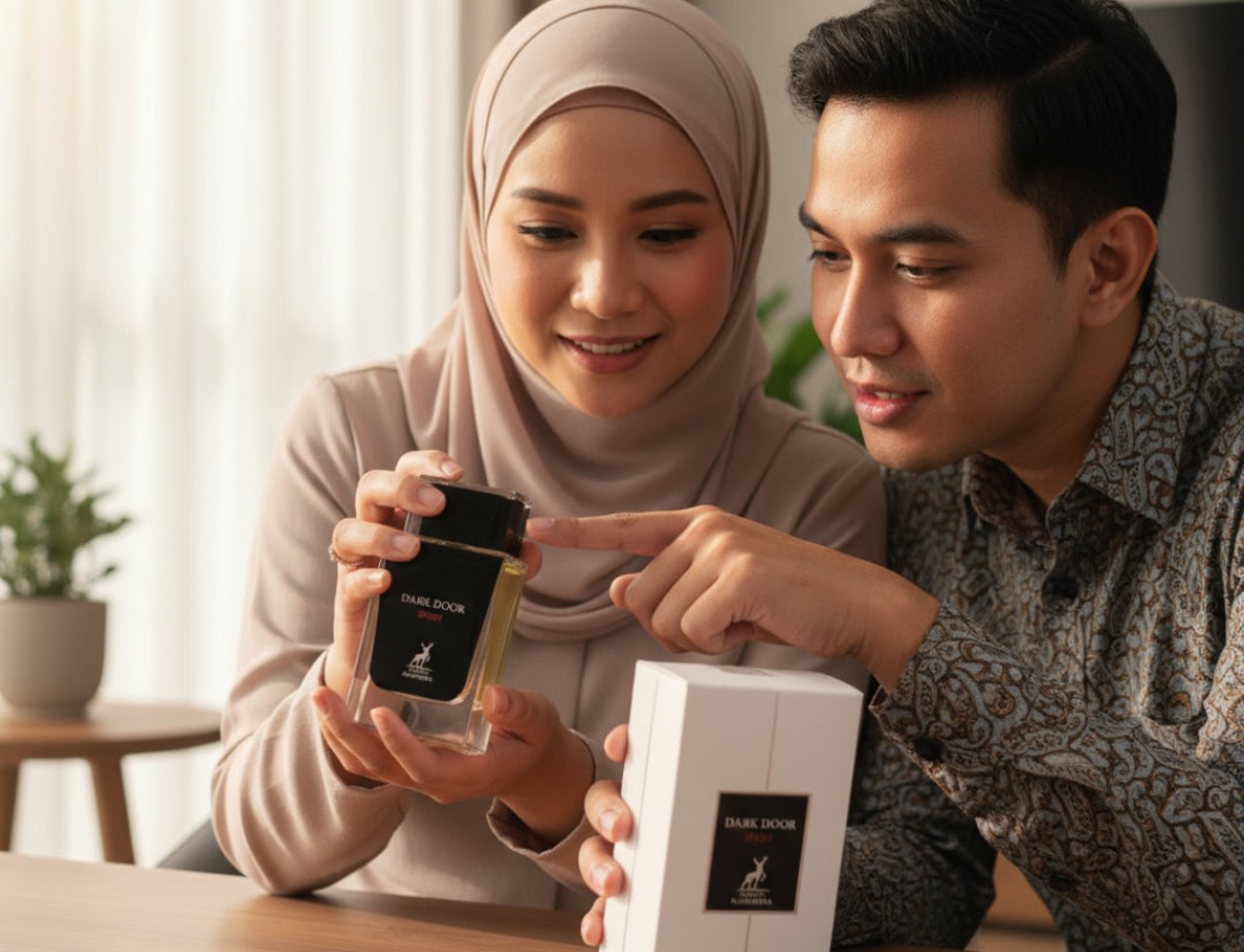 Maison Alhambra Dark Door Sport Men 100ml EDP — Couple examining a clear glass perfume bottle with a black cap and a white product box, both featuring the 'Dark Door Sport' label and a deer logo.