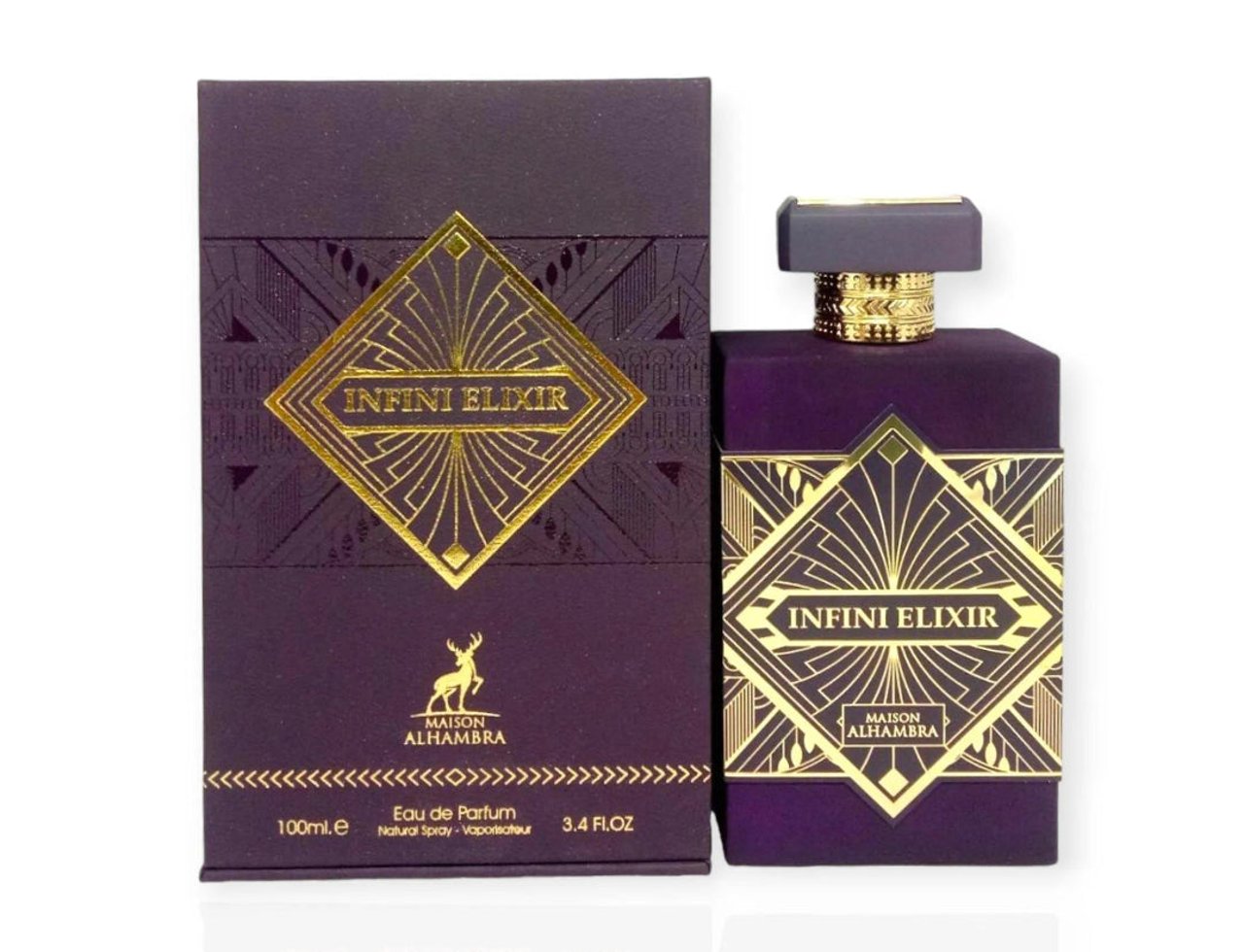 Maison Alhambra Infini Elixir — Kotak dan botol minyak wangi ungu dengan reka bentuk geometri emas dan logo rusa, 100ml.
