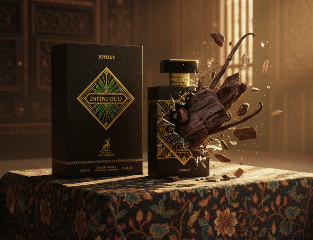 Maison Alhambra Infini Oud Joyous — Black perfume box and bottle with oud wood pieces exploding outwards, set on a patterned cloth.