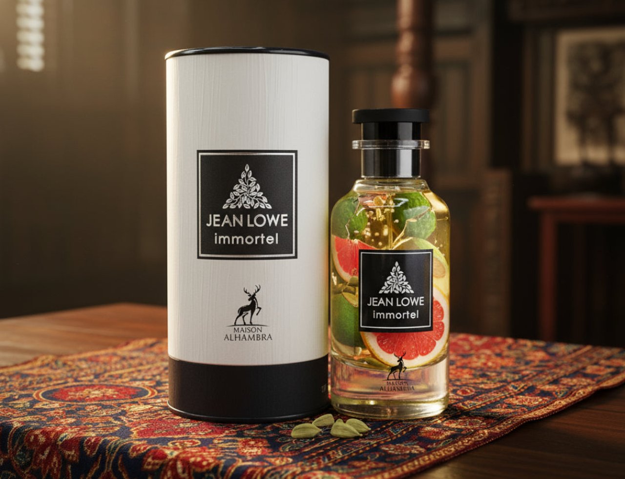 Maison Alhambra Jean Lowe Immortel — Perfume bottle and cylindrical box on a patterned runner, with grapefruit slices and cardamom pods visible.