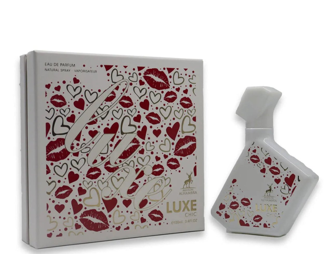 Maison Alhambra Luxe Chic by Maison Alhambra – 100 ml Wanita Eau de Parfum, semburan semula jadi vaporisateur, dipaparkan bersama kotak putih sepadan berhias hati dan bibir merah.