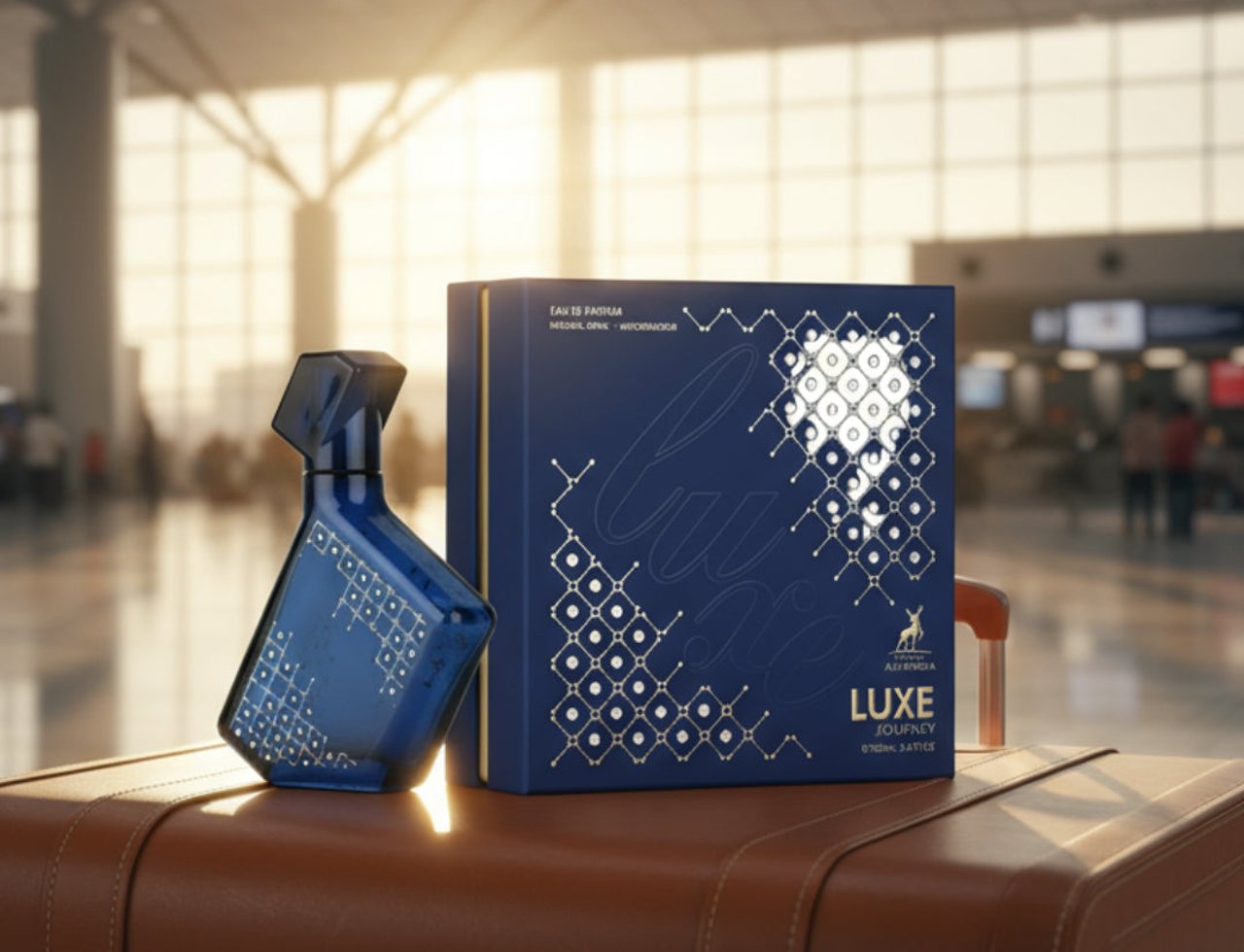 Maison Alhambra Luxe Journey — Blue patterned glass perfume bottle and navy blue gift box with gold geometric design, placed on a brown leather suitcase in an airport terminal.
