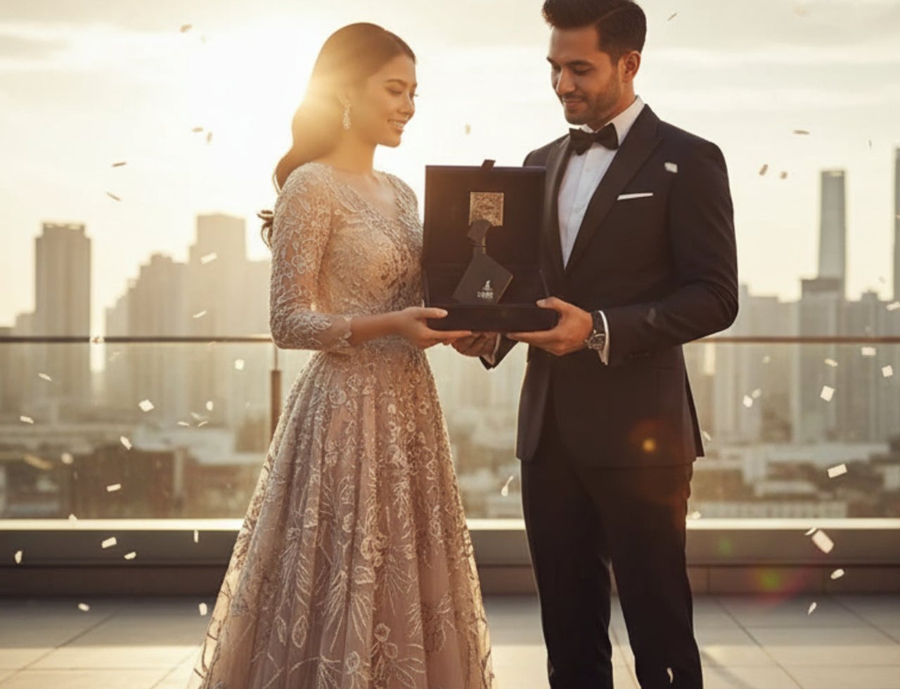 Maison Alhambra Luxe Street by Maison Alhambra – 100 ml Unisex — A man in a tuxedo presents a gift box containing a perfume bottle to a woman in an elegant gown, with confetti falling and a city skyline in the background.