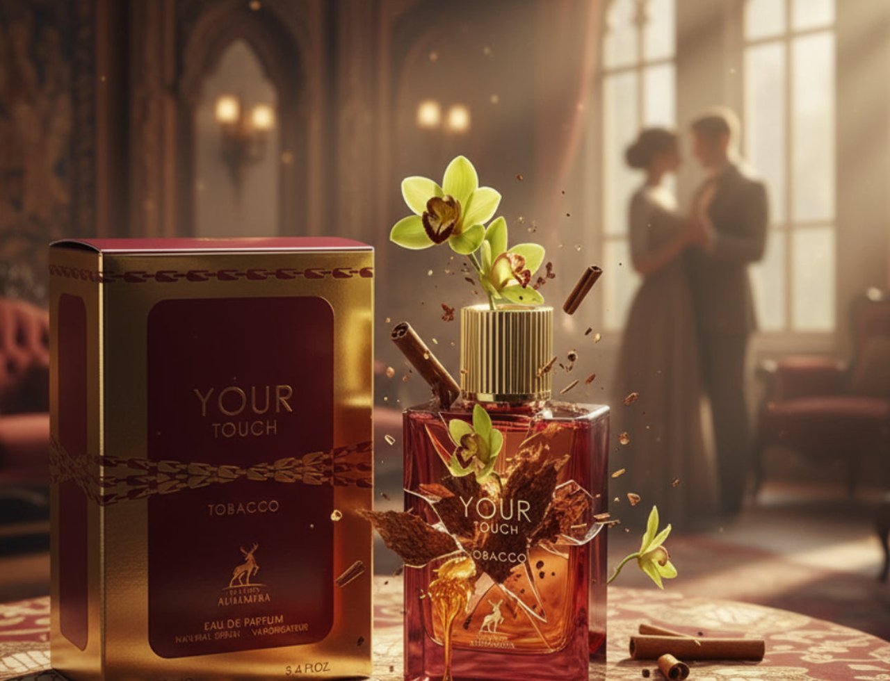 Maison Alhambra Tobacco Your Touch — A golden box and a glass perfume bottle with golden cap, adorned with green orchids and cinnamon sticks, set on a patterned red tablecloth with a blurred couple dancing in the background.