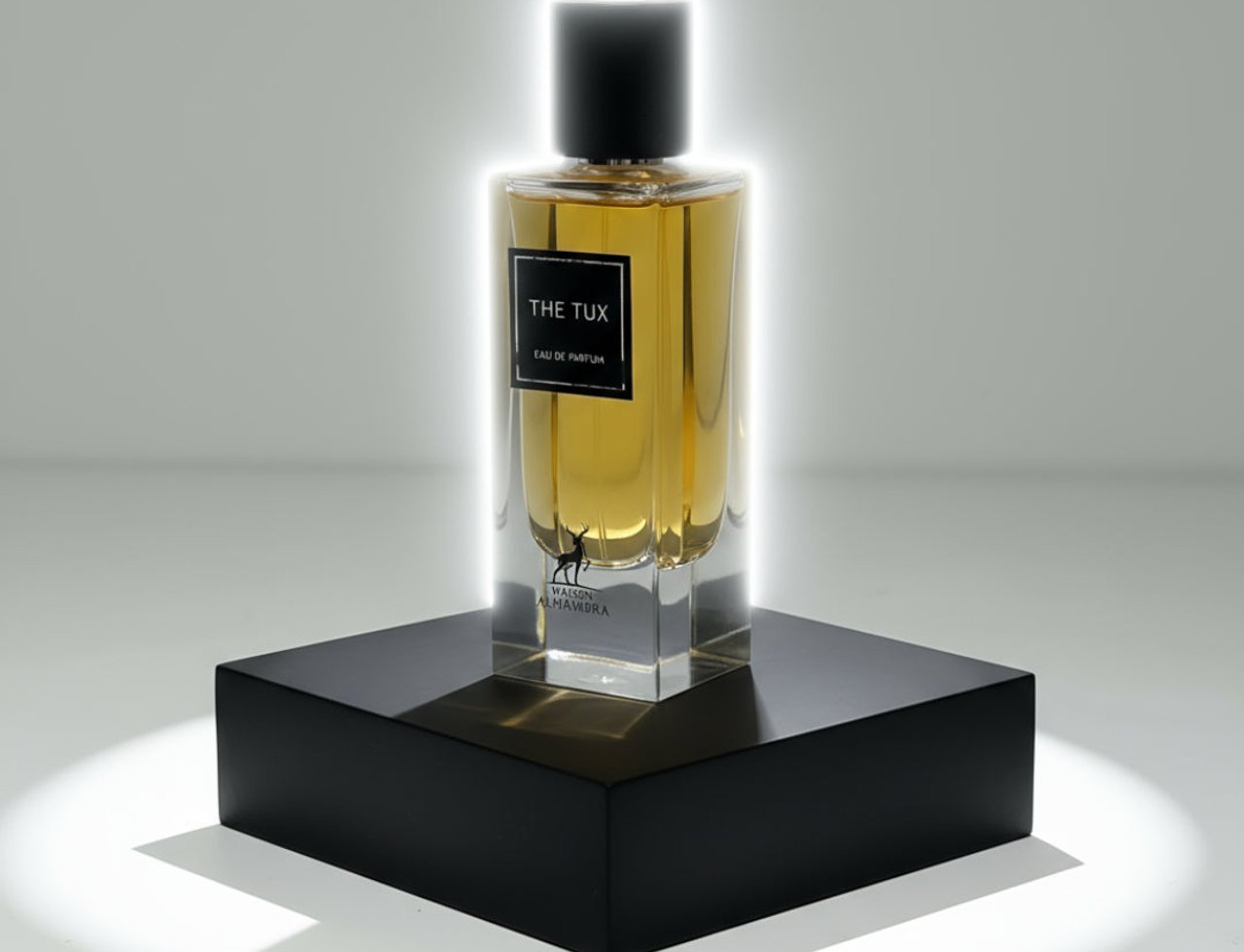 Maison Alhambra The Tux by Maison Alhambra 90ml EDP for Men — A clear glass perfume bottle with golden liquid, black cap, and a black label reading 'THE TUX EAU DE PARFUM', displayed on a black square pedestal with a white glowing halo effect around the bottle.