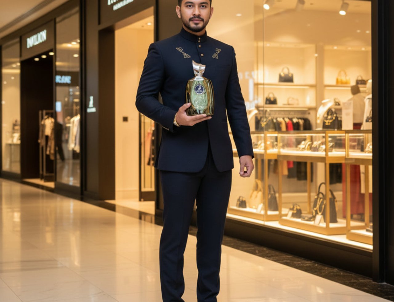 Maison Alhambra Hercules by Maison Alhambra For Him 100ml — Lelaki berbaju gelap pegang botol minyak wangi besar berhias, penutup emas, berdiri di dalam pusat beli-belah.