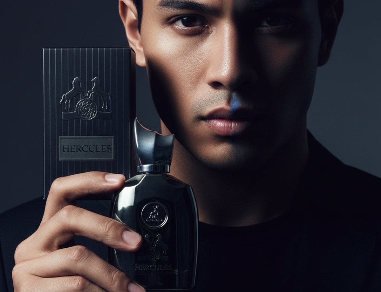 Maison Alhambra Hercules by Maison Alhambra For Him 100ml — Man holding a black perfume bottle and its matching box, with dramatic lighting casting a shadow across his face.