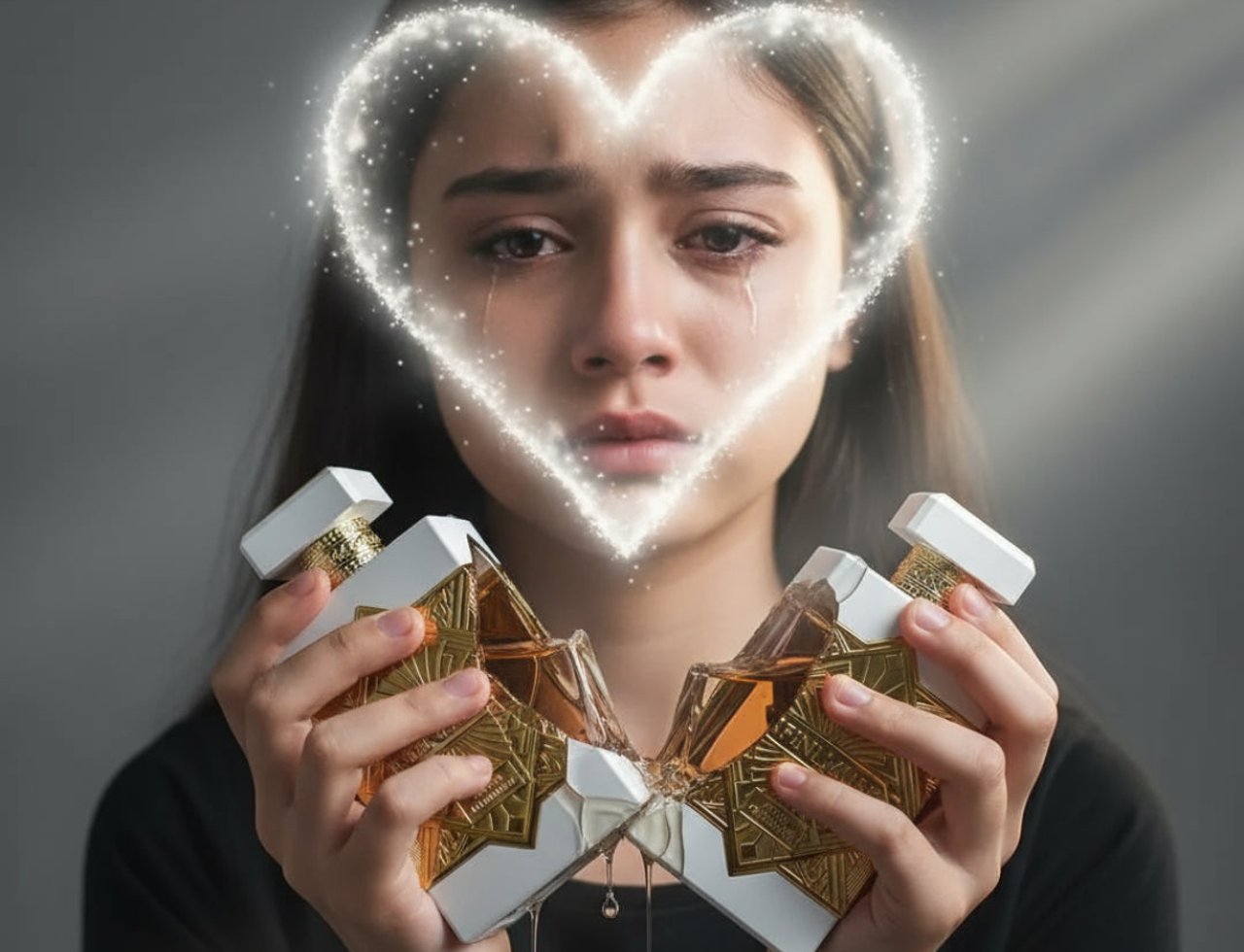 Maison Alhambra Infini Musk – Woman crying, holding two broken perfume bottles with gold accents, sparkling heart above her head