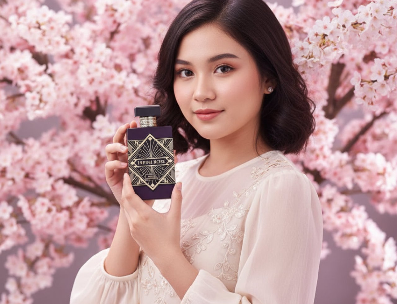 Maison Alhambra Infini Rose by Maison Alhambra 100ml EDP Unisex — Wanita muda pegang botol minyak wangi ungu corak geometri emas di depan pokok bunga sakura merah jambu.