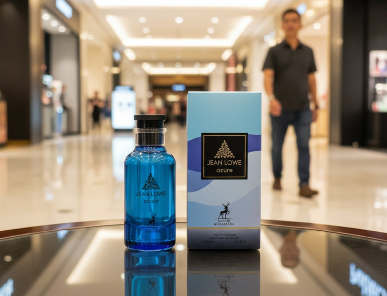 Maison Alhambra Jean Lowe Azure by Maison Alhambra EDP 100 ml — Botol minyak wangi kaca biru dan kotak biru muda dengan aksen emasnya, dipamerkan di atas meja kaca reflektif di koridor pusat membeli-belah.