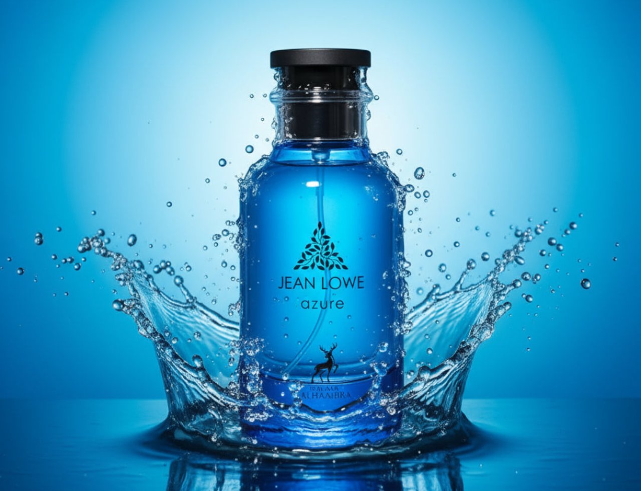 Maison Alhambra Jean Lowe Azure — Blue glass perfume bottle splashing in water against a bright blue gradient background