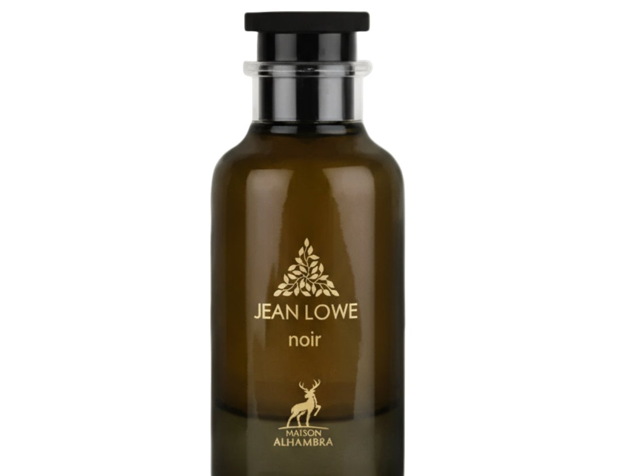 Maison Alhambra Jean Lowe Noir — Botol minyak wangi kaca coklat gelap dengan logo daun emas, siluet rusa, dan penutup hitam, berasingan di atas putih.