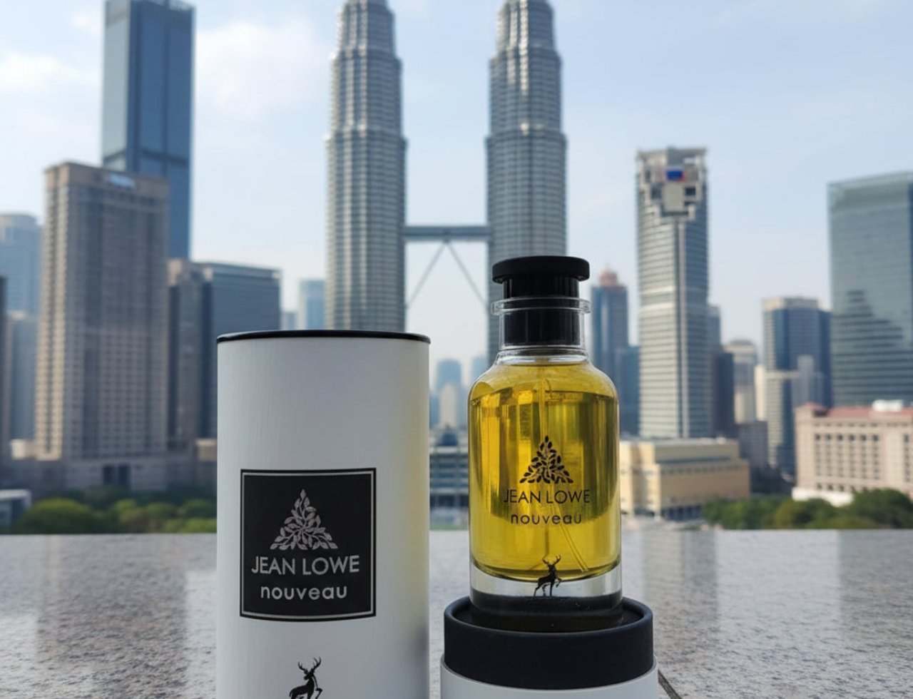 Maison Alhambra Jean Lowe Nouveau — A bottle of yellow perfume with a black cap sits on a black base, next to its white cylindrical box, with the Petronas Twin Towers and city skyline in the background.