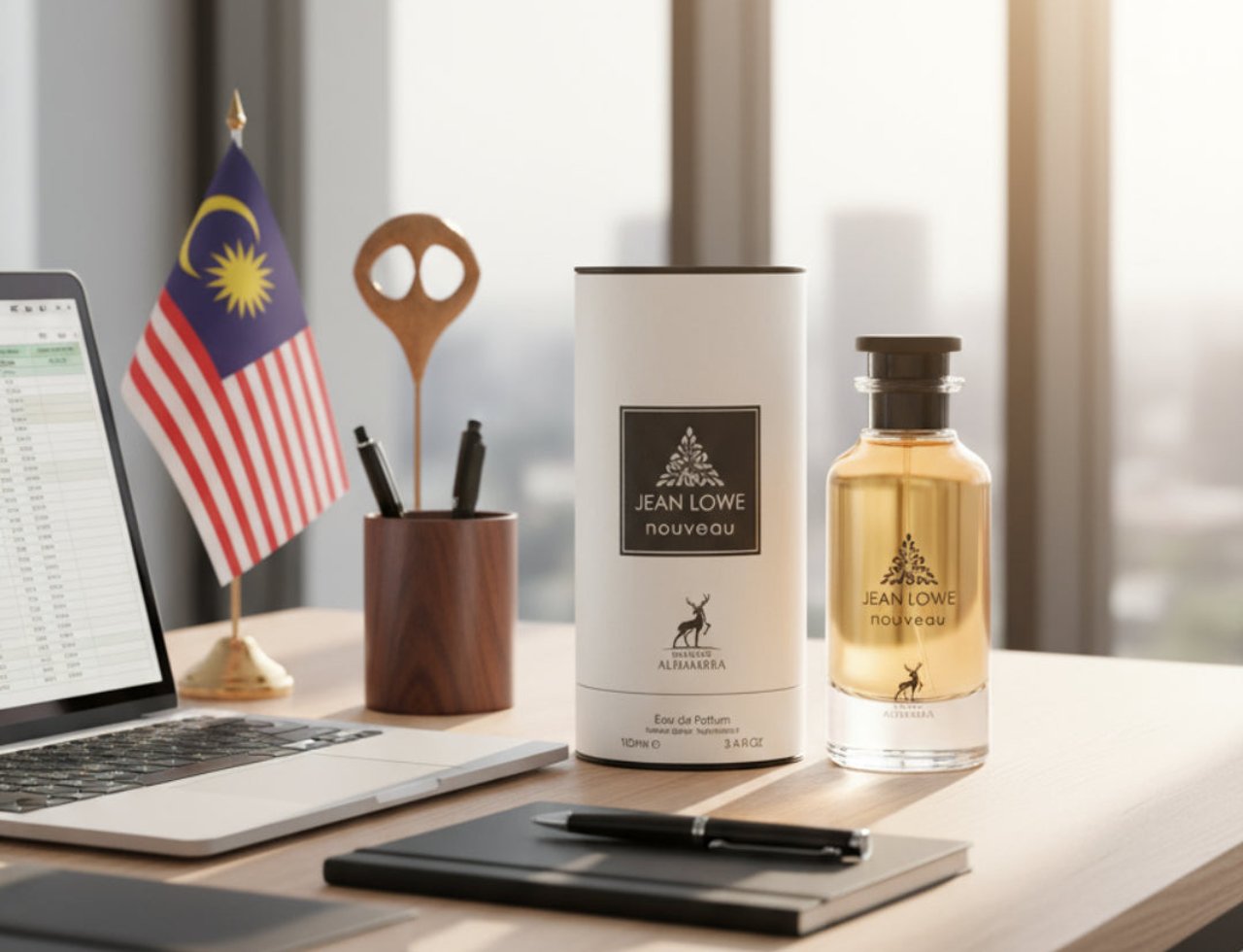 Maison Alhambra Jean Lowe Nouveau — Sebotol minyak wangi Jean Lowe Nouveau dan kotaknya berdiri di atas meja kayu bersebelahan komputer riba yang memaparkan hamparan data dan bendera Malaysia.