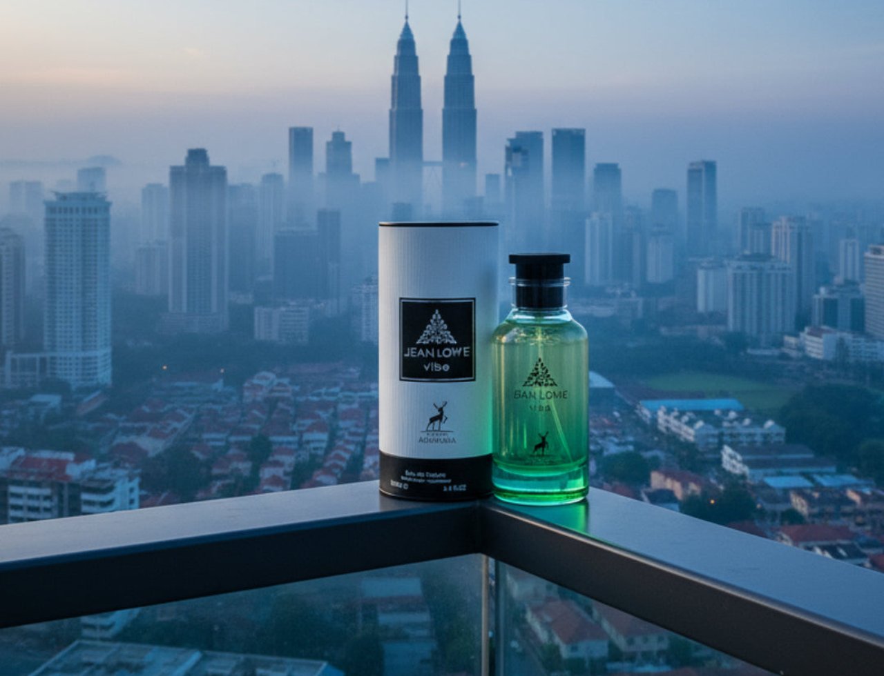 Maison Alhambra Jean Lowe Vibe by Maison Alhambra 100ml EDP — Botol minyak wangi kaca hijau dan kotak silindernya yang putih terletak di atas pagar balkoni dengan latar belakang langit bandar berkabus dan pencakar langit.