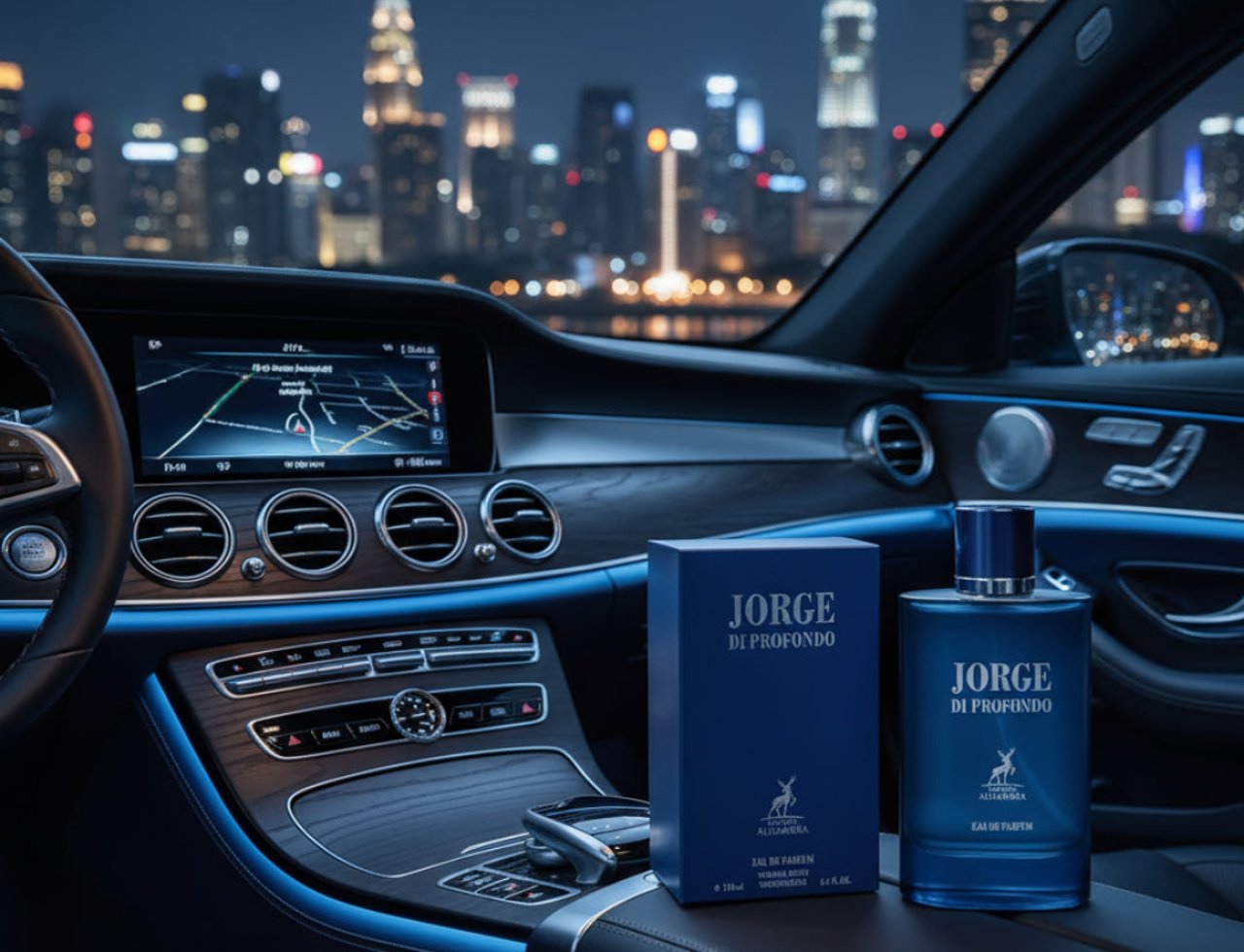 Maison Alhambra Jorge Di Profondo Deep Blue by Maison Alhambra — Botol dan kotak minyak wangi biru diletakkan di dalam interior kereta mewah pada waktu malam, dengan pemandangan bandar kelihatan di luar cermin depan.