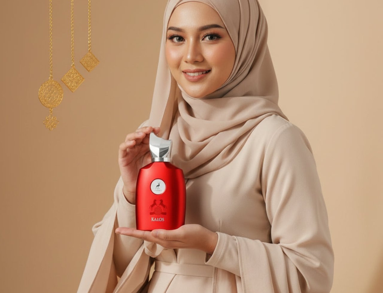 Maison Alhambra Kalos by Maison Alhambra Woman 100ml — Woman in a beige hijab and dress holding a red perfume bottle, with gold hanging ornaments and small gold baubles in the foreground.