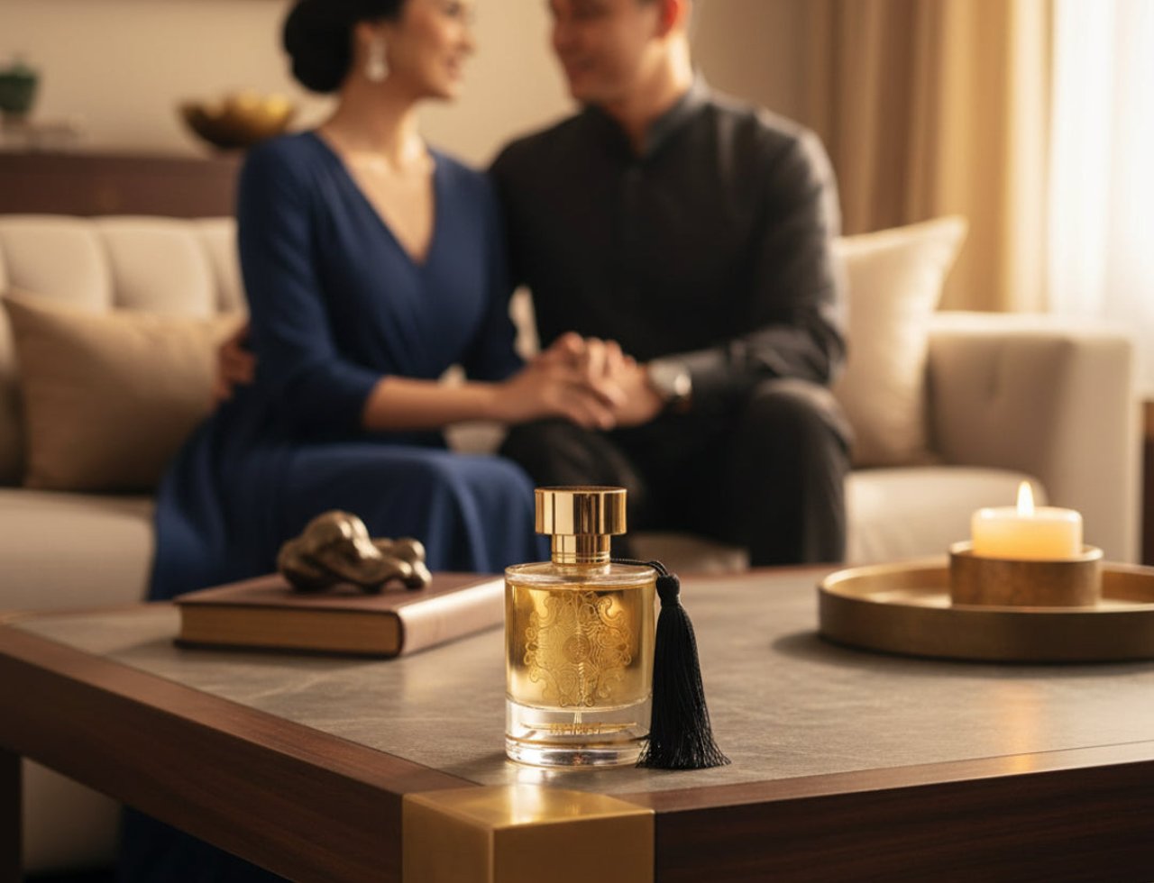 Maison Alhambra Karat by Maison Alhambra 100ml EDP — Botol minyak wangi beraksen emas dengan tassel hitam di atas meja marmar, di hadapan pasangan blur yang berpegangan tangan di sofa, dengan lilin menyala di latar belakang.