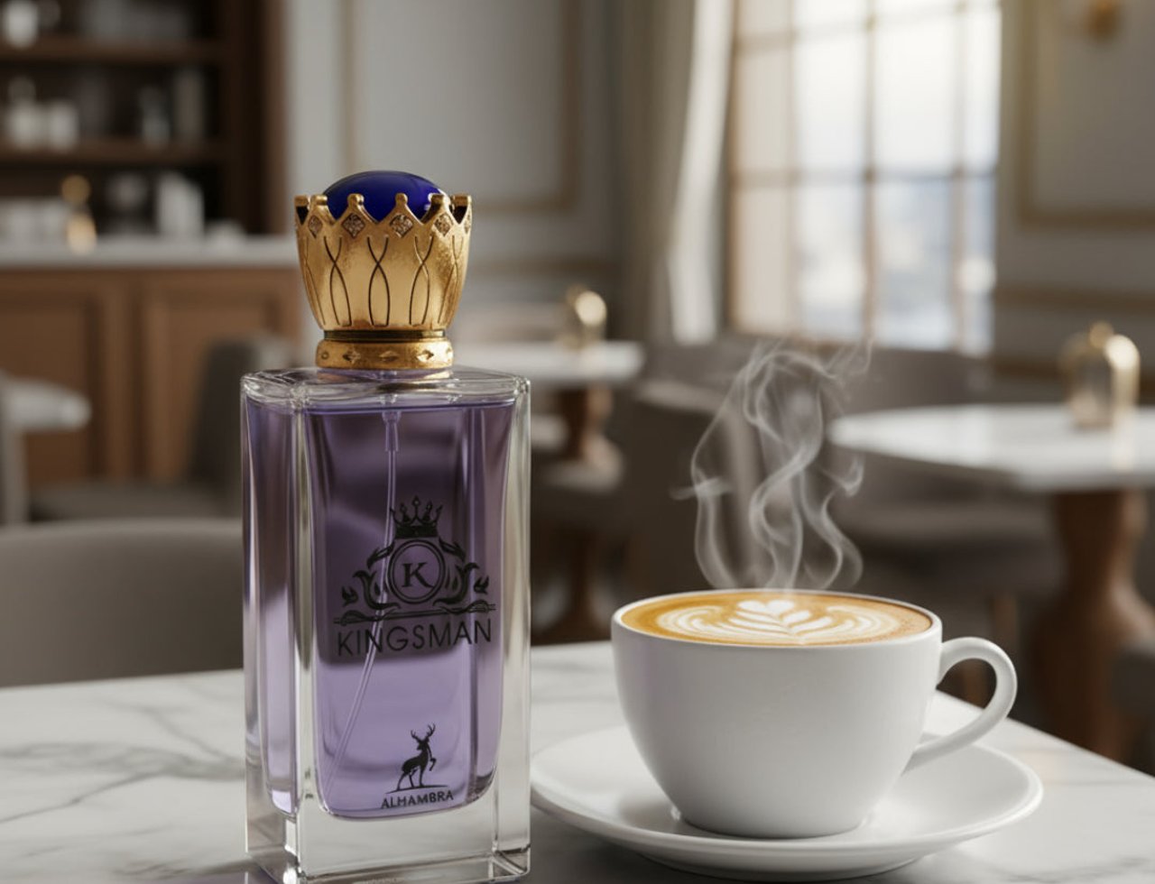 Maison Alhambra Kingsman by Maison Alhambra – 100 ml for Him, a purple perfume bottle with a gold crown-like cap sits on a marble surface next to a steaming cup of latte art coffee.