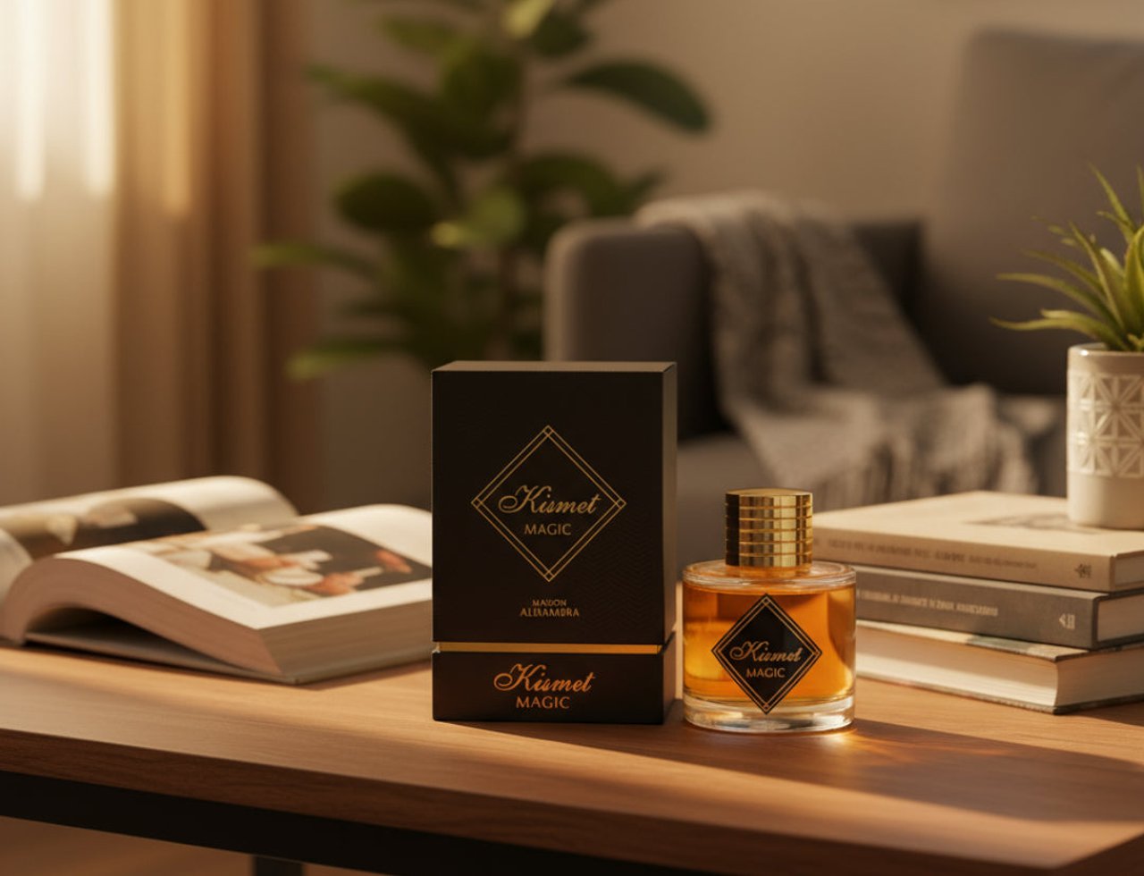 Maison Alhambra Kismet Magic by Maison Alhambra 100ml EDP Unisex — A perfume bottle and its box sit on a wooden table next to an open book and a potted plant in a living room setting.