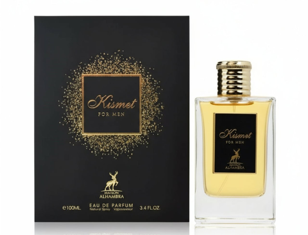 Maison Alhambra Kismet For Men Eau De Parfum — Kotak hitam dengan kilauan emas dan logo rusa di sebelah botol minyak wangi kaca jernih bertutup emas.