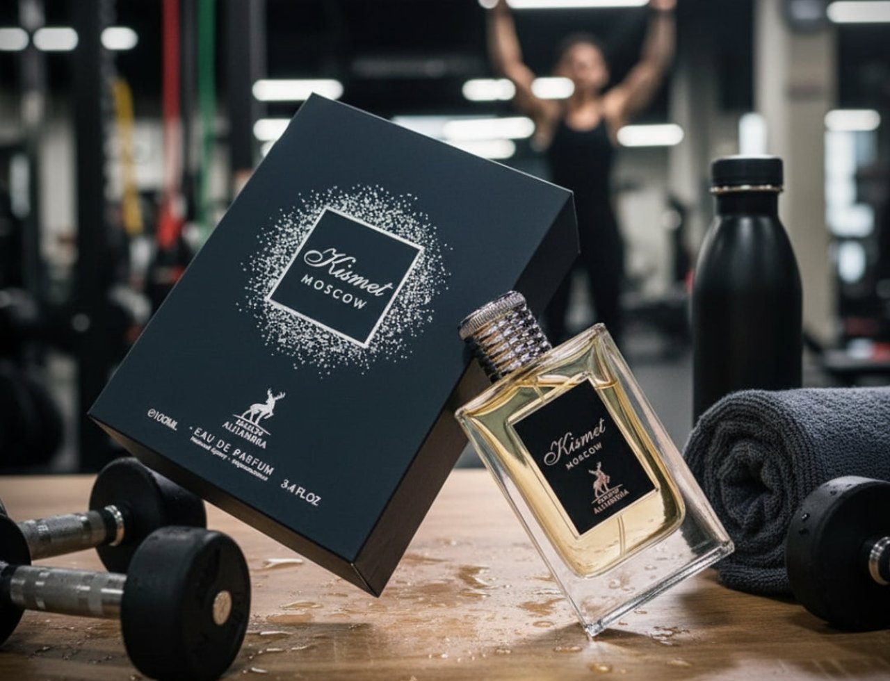 Maison Alhambra Kismet Moscow by Maison Alhambra 100ml EDP — A glass perfume bottle and its black box sit on a wooden surface with dumbbells and a rolled towel in a gym setting, with a blurred person lifting weights in the background.