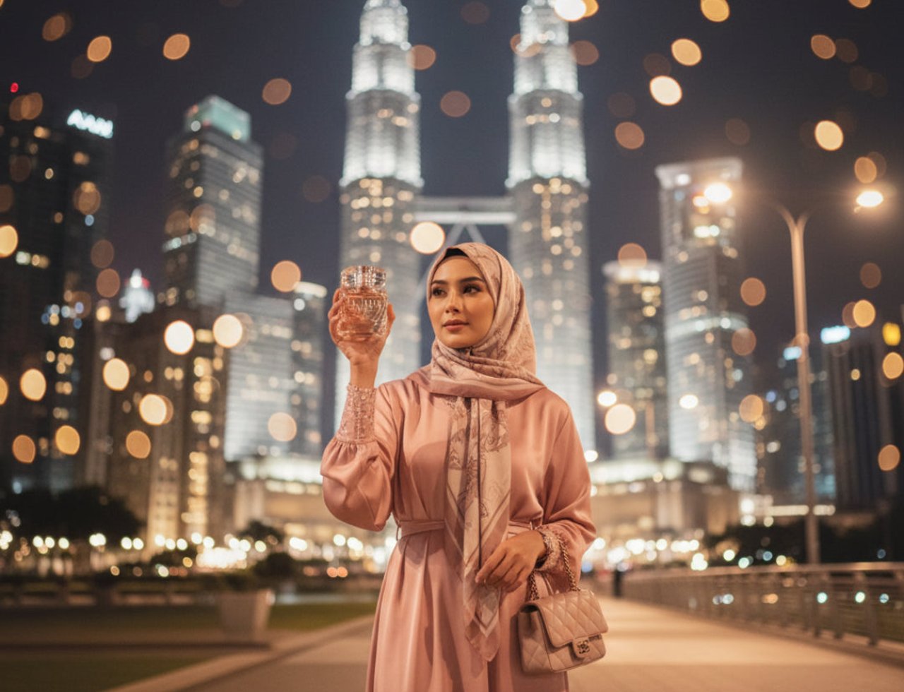 Maison Alhambra La Vita Maison Alhambra 100ml EDP Women — Woman in hijab holding a perfume bottle in front of Petronas Twin Towers at night, with bokeh lights.