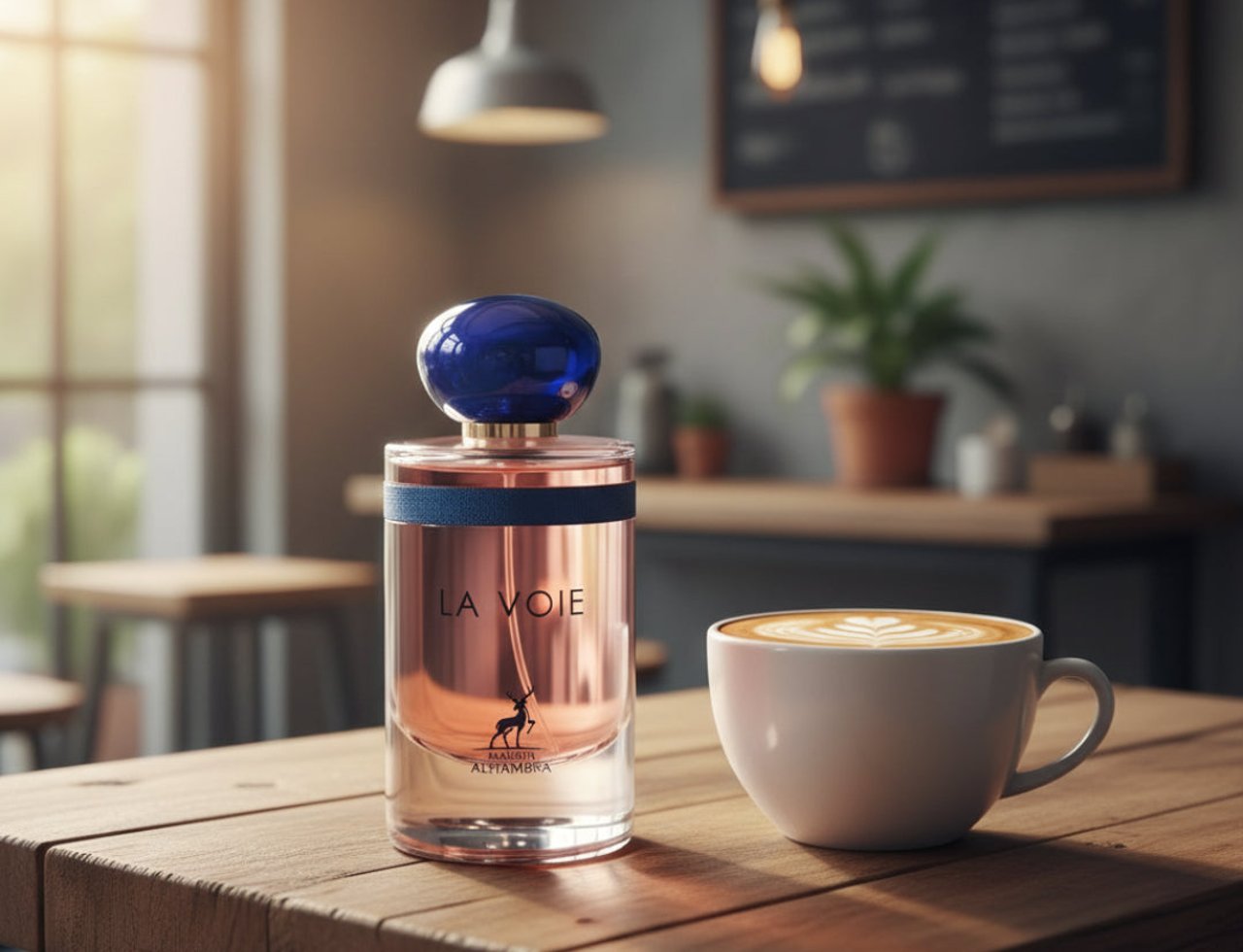 Maison Alhambra La Voie by Maison Alhambra 100ml for Her — A rose gold perfume bottle with a blue cap sits on a wooden table next to a cup of latte art coffee in a cafe setting.