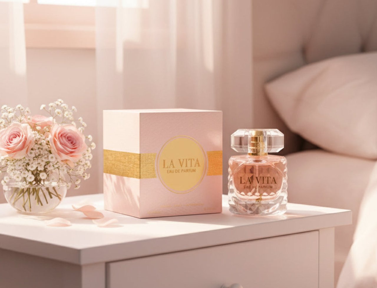 Maison Alhambra La Vita 100ml EDP Women — Kotak minyak wangi merah jambu dengan jalur emas dan botol minyak wangi kaca jernih bertutup emas, di sebelah jambangan mawar merah jambu dan bunga ekor kucing di atas meja sisi katil putih.