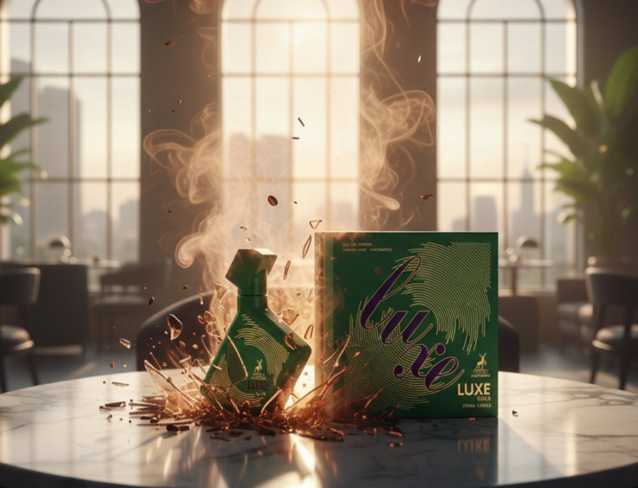 Maison Alhambra Luxe Bold — Botol dan kotak hijau meletup dengan zarah coklat dan asap di atas meja marmar, dengan tingkap melengkung di latar belakang.