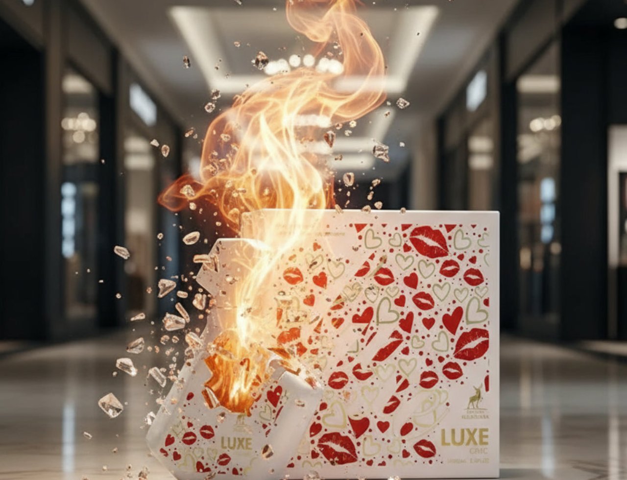 Maison Alhambra Luxe Chic by Maison Alhambra – 100 ml Women, a white box with red hearts and lips pattern is on fire, with shards of glass flying outwards in a mall.
