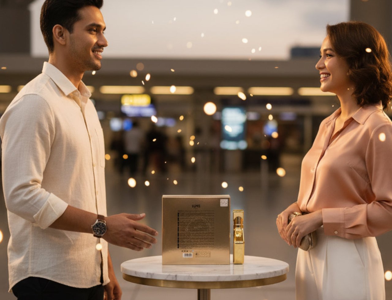 Maison Alhambra Luxe Gold – A man in a cream shirt and a woman in a peach blouse smile at each other across a marble table displaying a gold perfume box and bottle, with bokeh lights in the background.