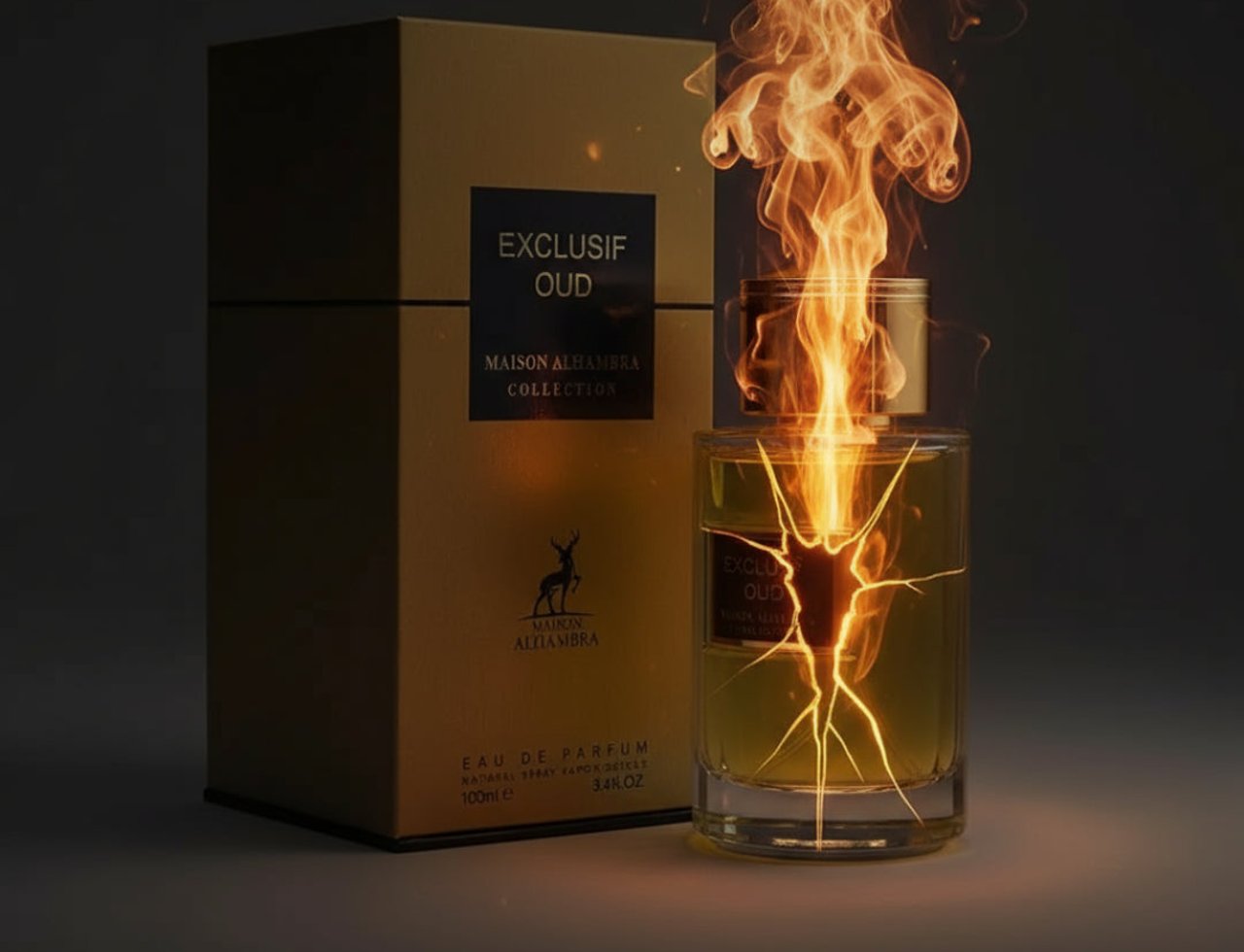 Maison Alhambra Exclusif Oud by Maison Alhambra 100 ml Unisex — Botol dengan api marak dari atas, kesan kaca retak, dan kotak emas di belakang.