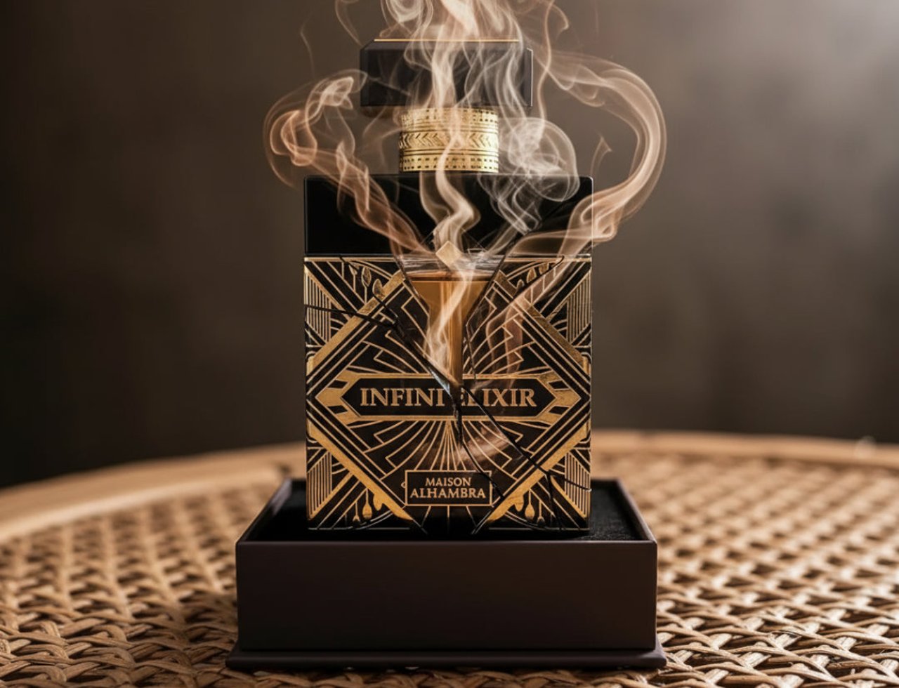 Maison Alhambra Infini Elixir Maison Alhambra 100ml EDP Men — Black and gold patterned perfume bottle with smoke rising from the cap, presented in a dark box on a woven surface.