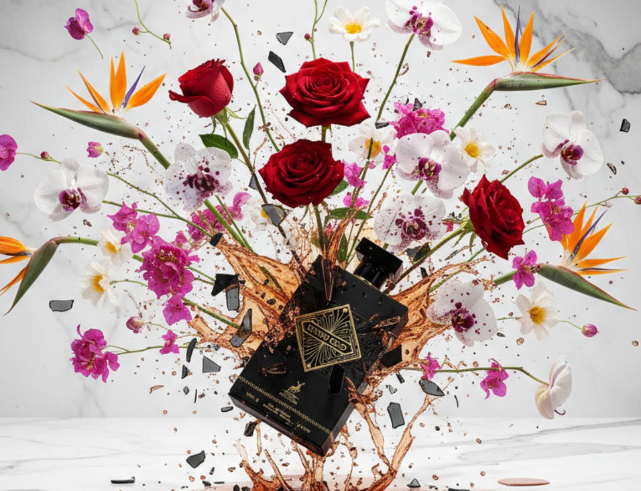 Maison Alhambra Infini Oud by Maison Alhambra Man 100ml EDP — Black perfume bottle exploding with red roses, orchids, and bird of paradise flowers against a marble background.