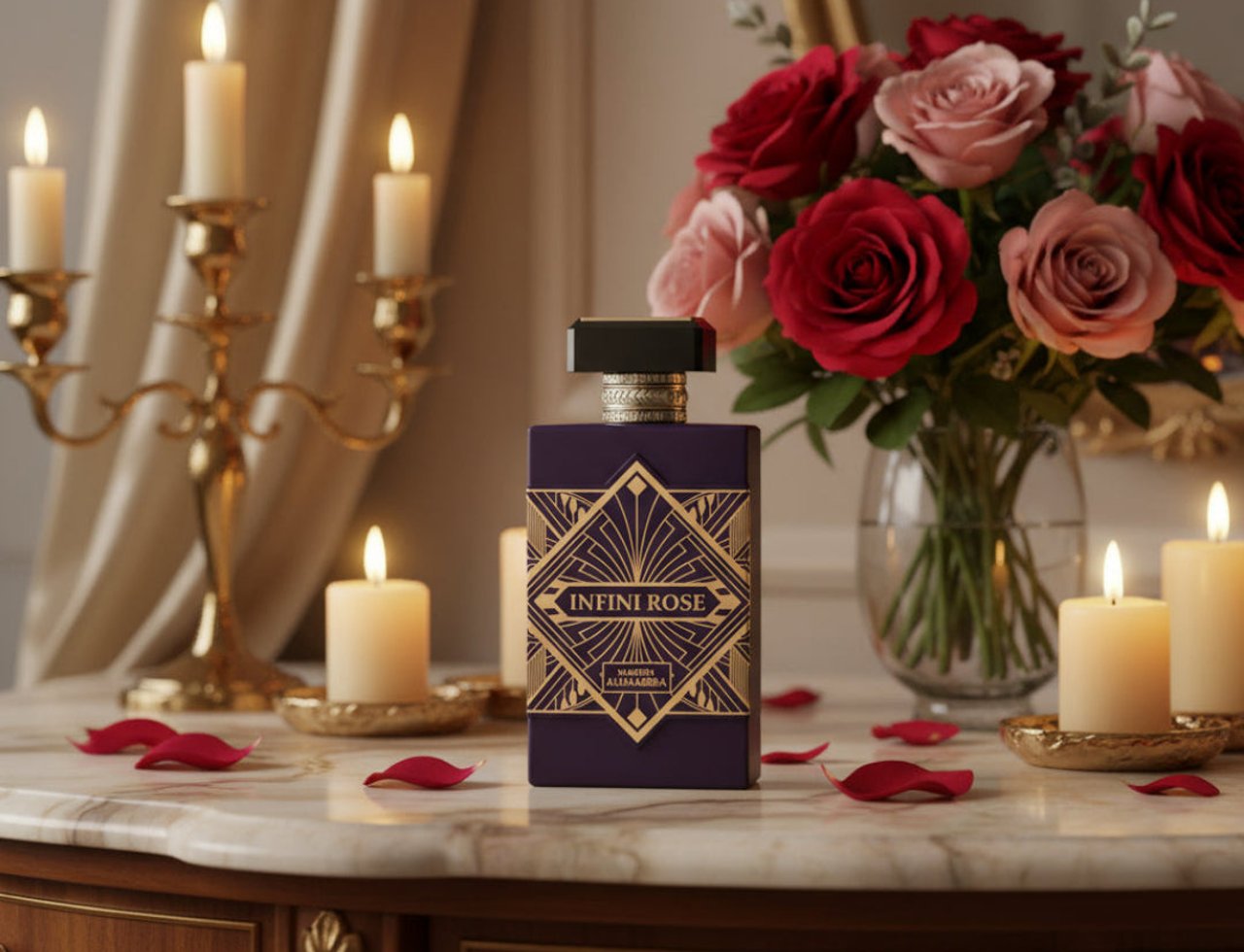 Maison Alhambra Infini Rose by Maison Alhambra 100ml EDP Unisex — A purple perfume bottle with a gold geometric label sits on a marble surface, surrounded by lit candles and red rose petals, with a bouquet of red and pink roses in the background.