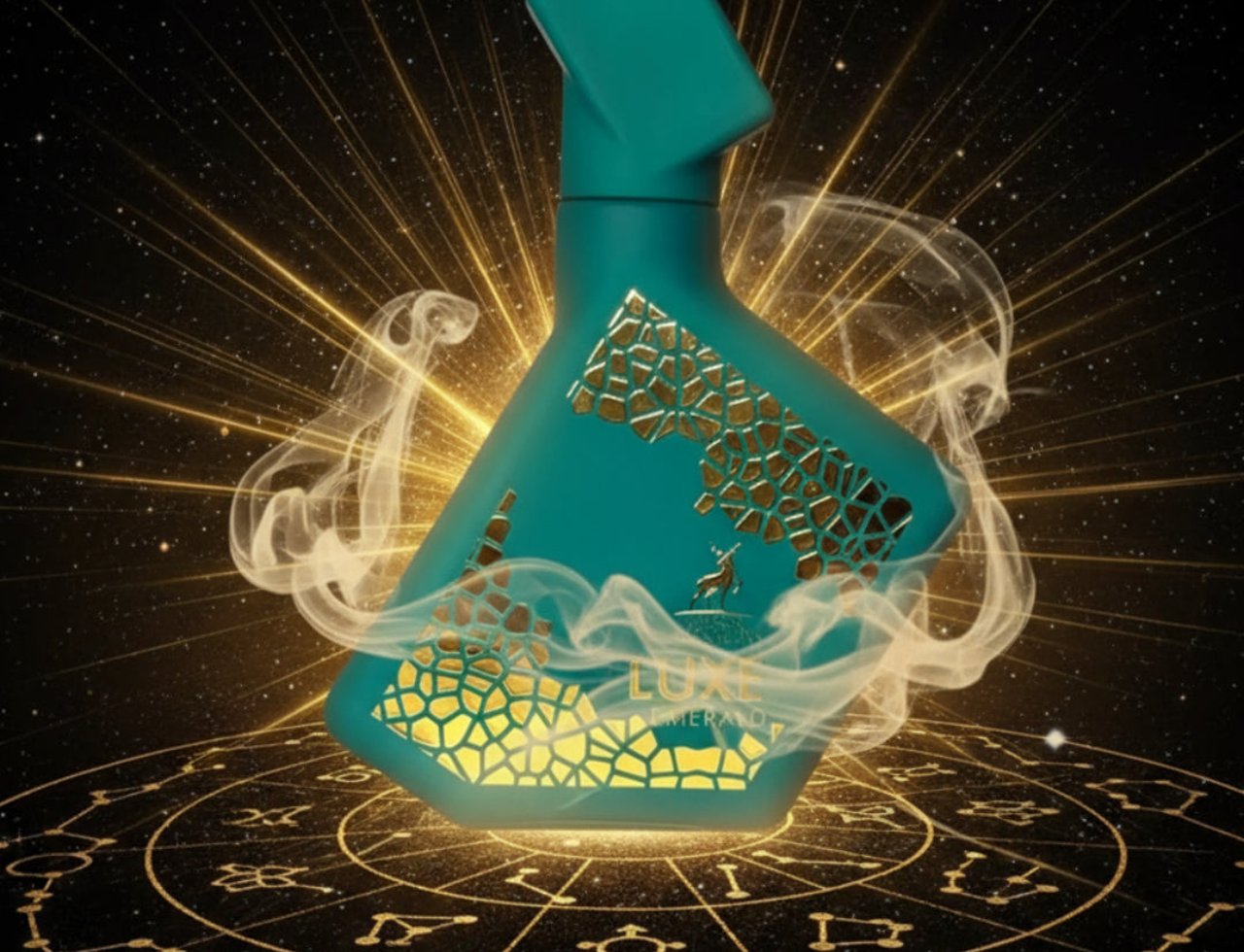 Maison Alhambra Luxe Emerald Perfume Maison Alhambra 100ml Unisex — Botol minyak wangi teal dengan corak geometri emas dan siluet rusa, dikelilingi asap dan simbol astrologi berlatarkan langit berbintang dengan sinaran cahaya keemasan.