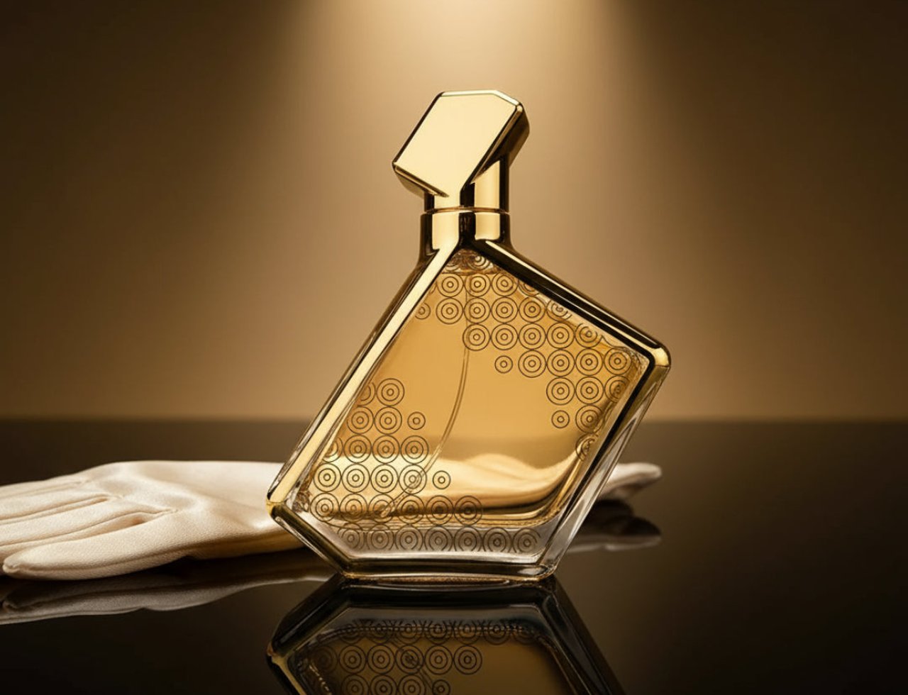 Maison Alhambra Luxe Gold by Maison Alhambra – 100 ml Unisex, botol minyak wangi emas dengan corak bulatan rumit, diletakkan sebelah sarung tangan satin putih di permukaan hitam berkilat, dengan cahaya lampu hangat dari atas.