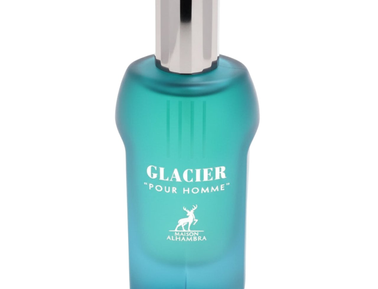 Maison Alhambra Glacier Pour Homme — Botol kaca teal beku dengan penutup perak, tertulis teks putih 'GLACIER "POUR HOMME"' dan logo siluet rusa.