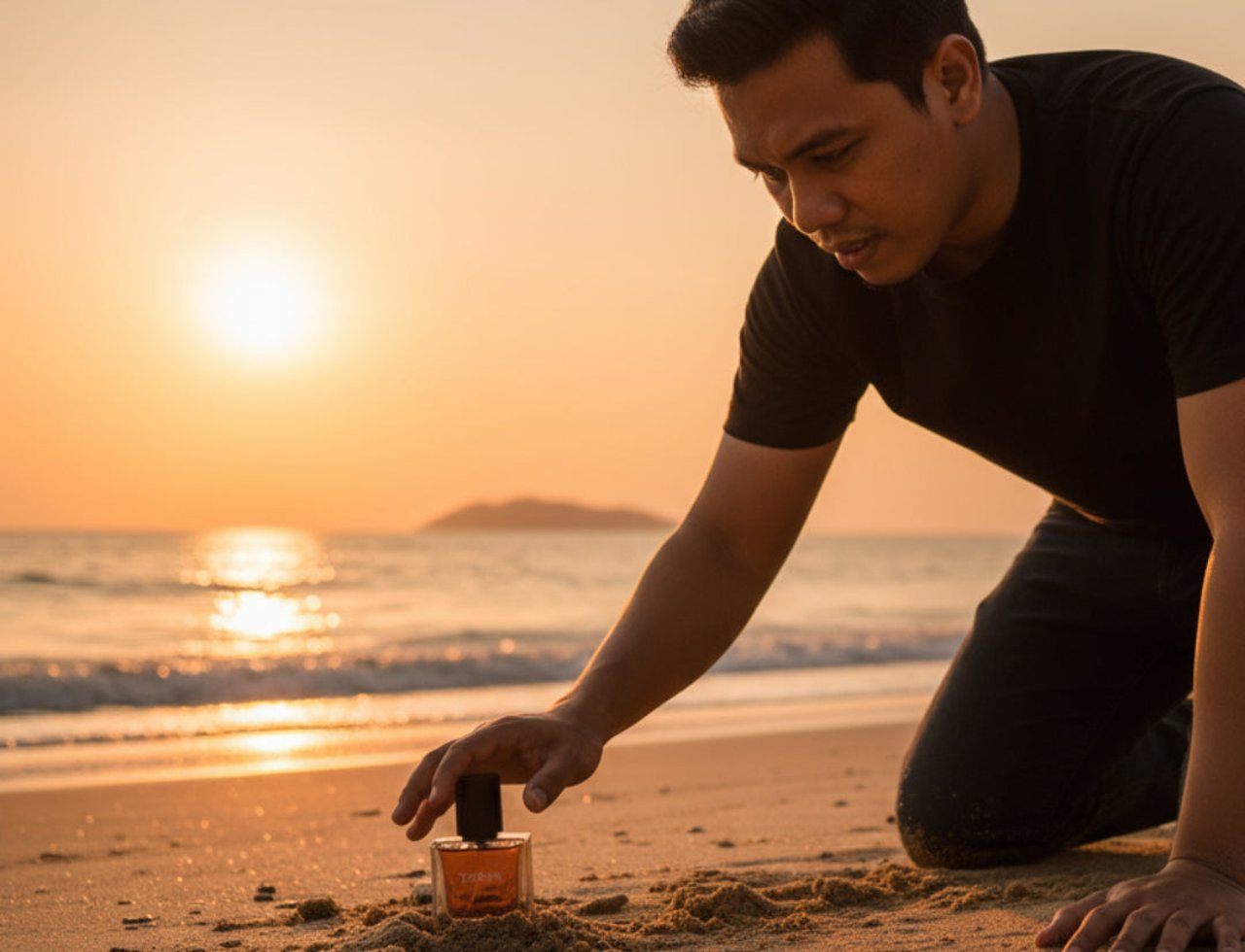 Maison Alhambra Terra by Maison Alhambra – 50 ml Unisex botol di pantai berpasir waktu senja, lelaki melutut di sebelahnya