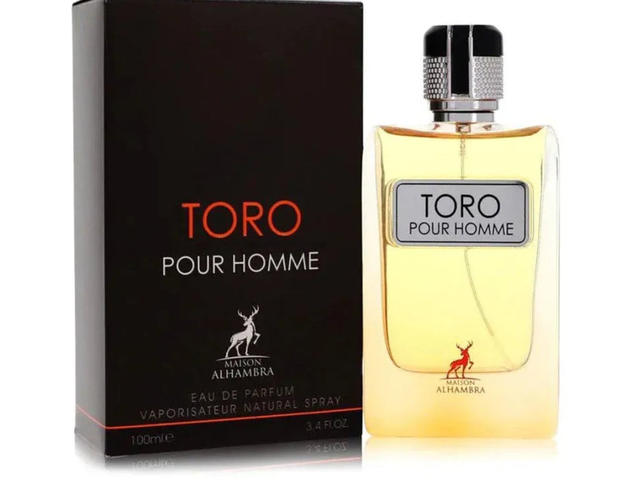 Maison Alhambra Toro Pour Homme — Black box with red text and deer logo next to a clear glass perfume bottle with yellow liquid and silver cap, white background.